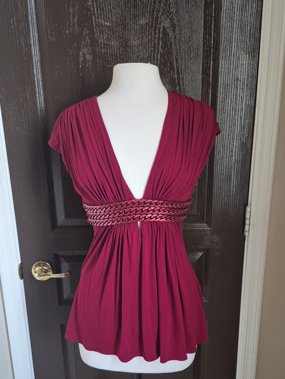 Sky Deep Burgundy V-Neck Top Metal Chainlink Accent Nwot